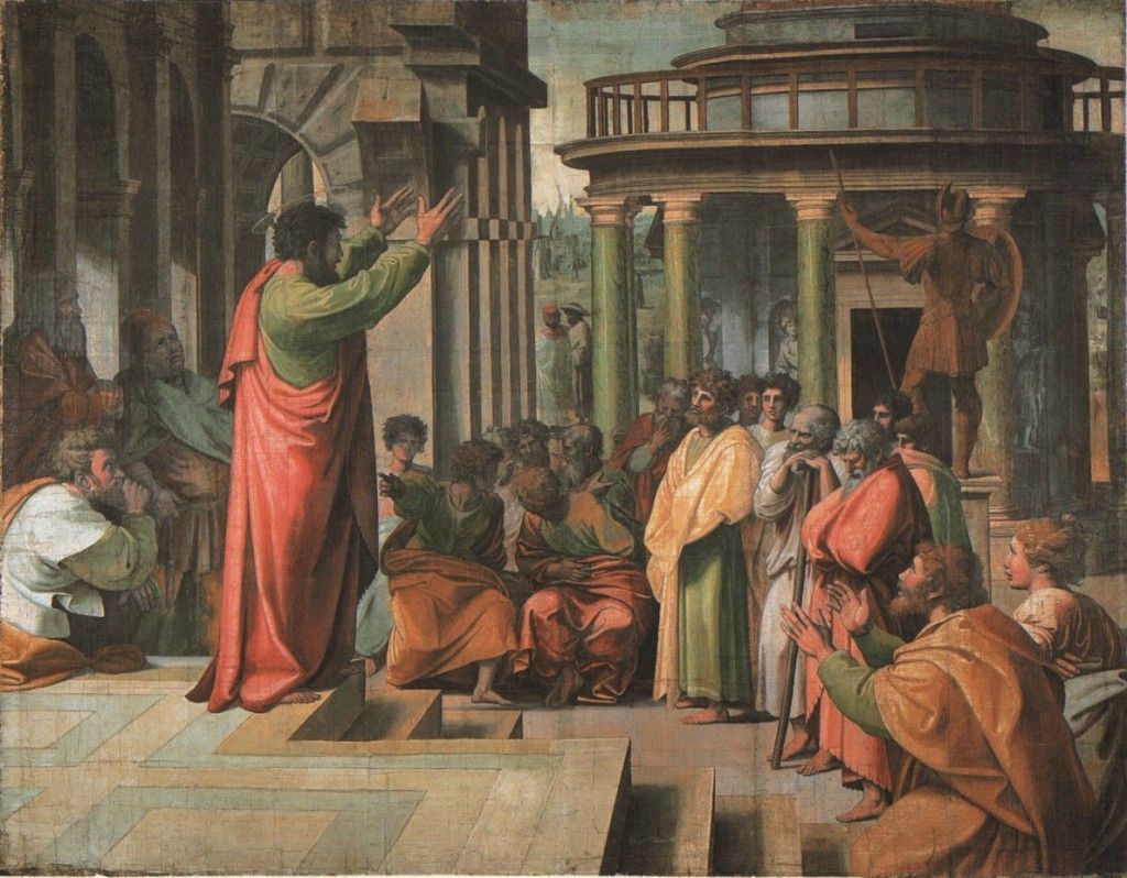 This Raphael painting shows the apostle Paul preaching in Athens. In the Book of Acts, Paul uses some Greek references to communicate the new religion of Christianity.  
